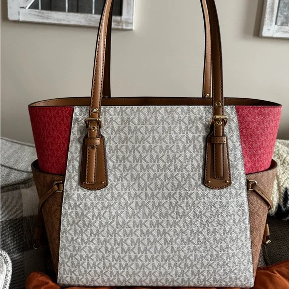 Michael Kors Red, Brown, and Cream Tote - Picture 2 of 6